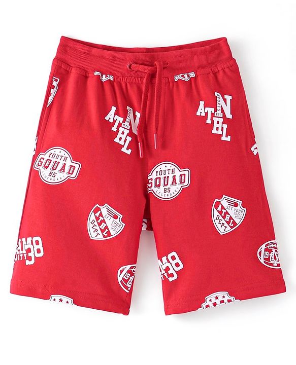 Pine Kids Terry Knit Above Knee Length  Shorts Text Print - Red