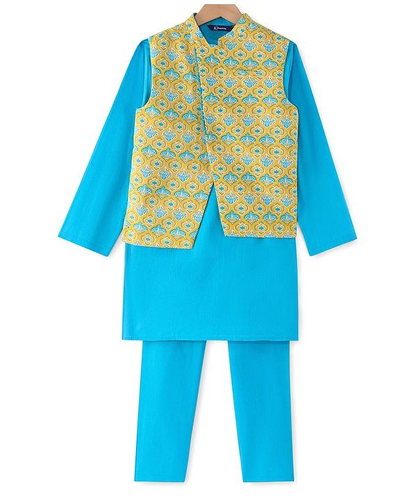Pine Kids Full Sleeves Cotton Kurta Pyjama Set with Printed Jacket  - Blue & Yellow