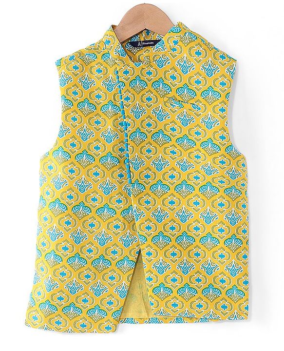 Pine Kids Full Sleeves Cotton Kurta Pyjama Set with Printed Jacket  - Blue & Yellow