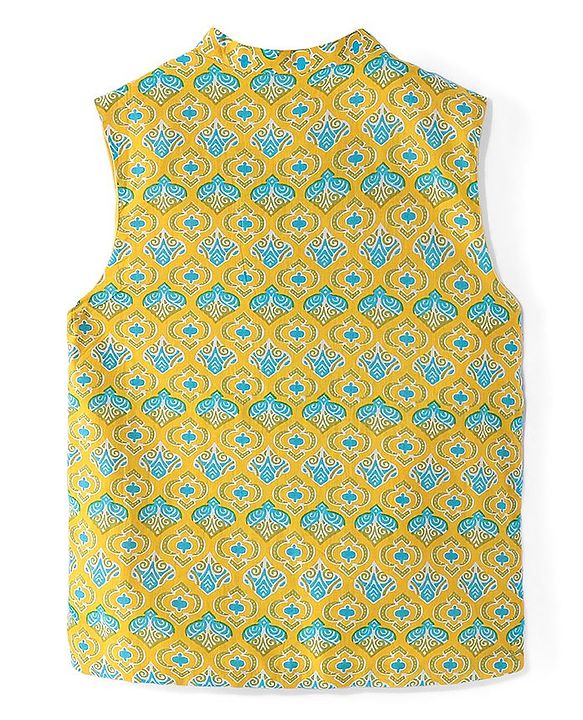 Pine Kids Full Sleeves Cotton Kurta Pyjama Set with Printed Jacket  - Blue & Yellow