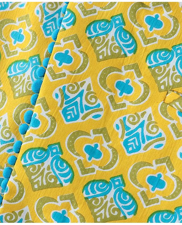 Pine Kids Full Sleeves Cotton Kurta Pyjama Set with Printed Jacket  - Blue & Yellow