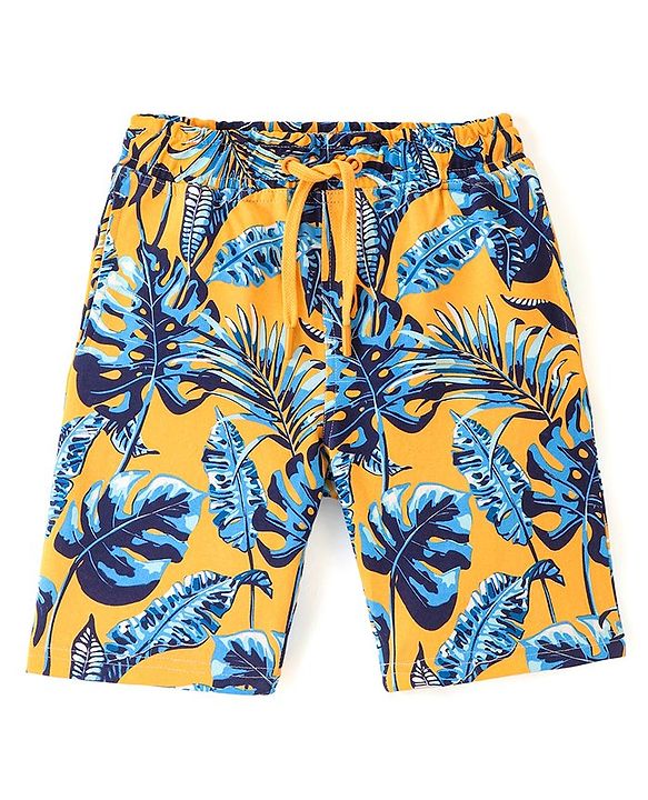 Pine Kids Terry Knit Above Knee Length  Shorts with Leaf Print - Yellow