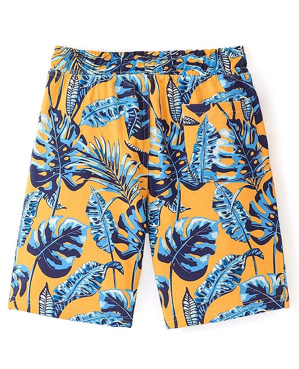 Pine Kids Terry Knit Above Knee Length  Shorts with Leaf Print - Yellow