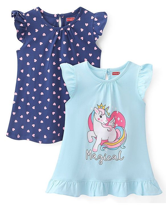 Babyhug Cotton Knit Single Jersey Frill Sleeves Nighty With Heart & Unicorn Print Pack Of 2 - Navy Blue