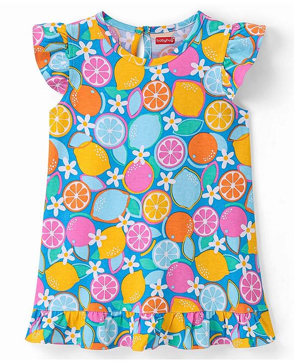 Babyhug Single Jersey Knit Frill Sleeves Nighty Floral & Orange Print - Blue