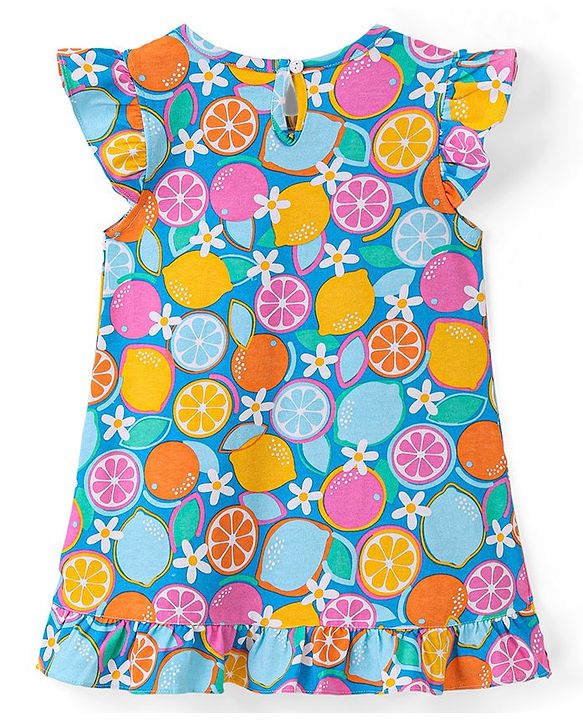 Babyhug Single Jersey Knit Frill Sleeves Nighty Floral & Orange Print - Blue
