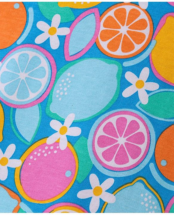 Babyhug Single Jersey Knit Frill Sleeves Nighty Floral & Orange Print - Blue