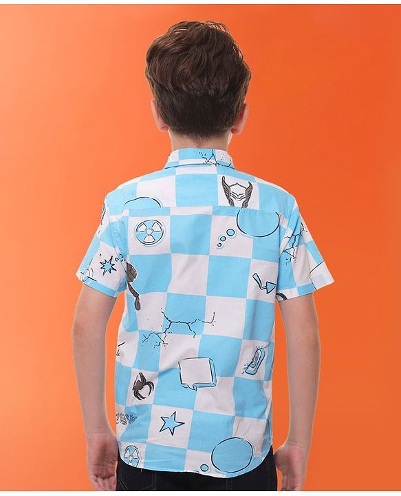 Pine Kids Marvel Cotton Woven Half Sleeves Denim Shirt with Avengers Print - Blue