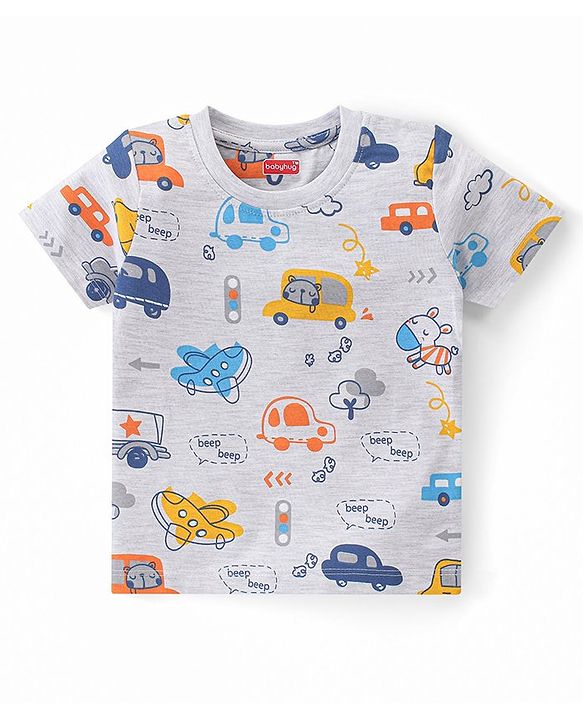 Babyhug Single Jersey Knit Half Sleeves Night Suit Car Print - White