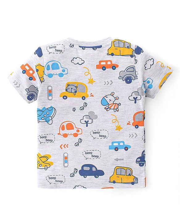 Babyhug Single Jersey Knit Half Sleeves Night Suit Car Print - White