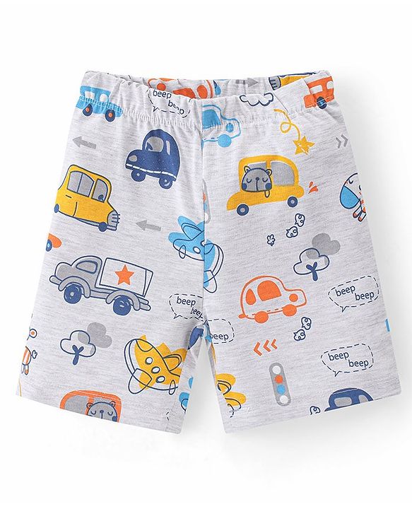 Babyhug Single Jersey Knit Half Sleeves Night Suit Car Print - White