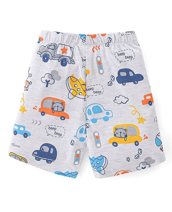 Babyhug Single Jersey Knit Half Sleeves Night Suit Car Print - White