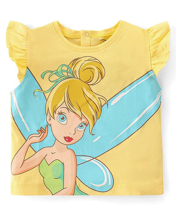 Babyhug Disney  100% Cotton Knit Frill Sleeves Top With Disney Princess Graphics  - Yellow