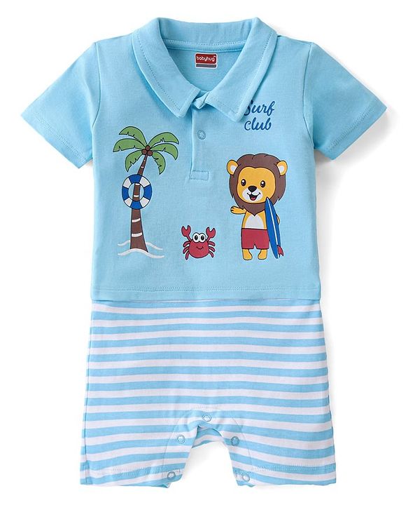 Babyhug 100% Cotton Knit Half Sleeves Romper Lion Print - Blue