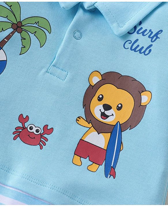 Babyhug 100% Cotton Knit Half Sleeves Romper Lion Print - Blue