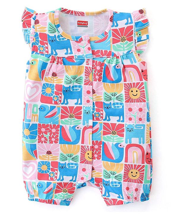 Babyhug 100% Cotton Knit Half Sleeves Romper With Kitten Print - Multicolour