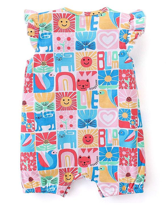 Babyhug 100% Cotton Knit Half Sleeves Romper With Kitten Print - Multicolour