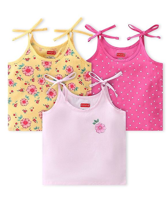 Babyhug 100% Cotton Poplin Woven Sleeveless Tie Knot Jhabla Floral & Polka Dot Print Pack of 3 - Yellow & Pink