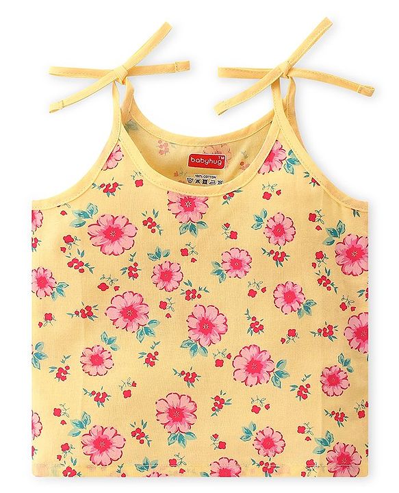 Babyhug 100% Cotton Poplin Woven Sleeveless Tie Knot Jhabla Floral & Polka Dot Print Pack of 3 - Yellow & Pink