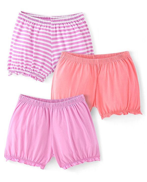 Pine Kids Cotton Lycra Knit Bloomers with Solid & Striped Pack of 3 - Colour May Vary
