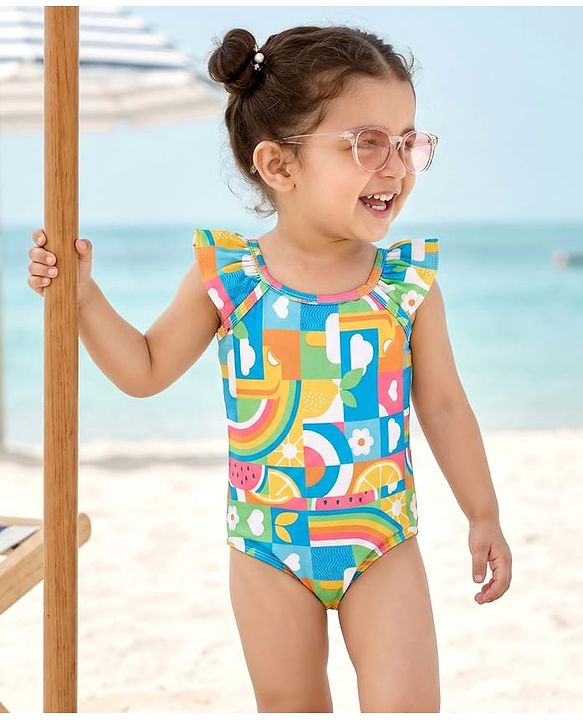 Babyhug Flutter Sleeves  Two Way Stretch Fabric  V Cut Swimsuit Rainbow Print - Multicolour