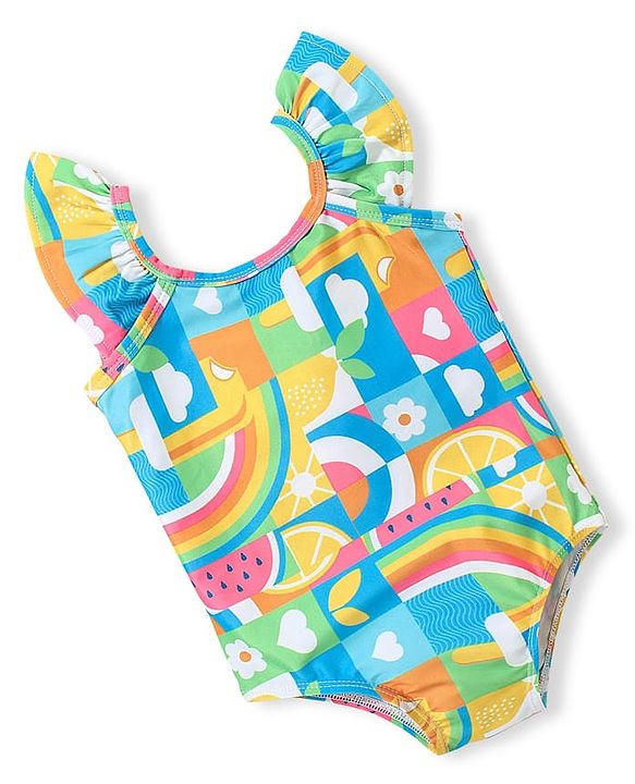 Babyhug Flutter Sleeves  Two Way Stretch Fabric  V Cut Swimsuit Rainbow Print - Multicolour