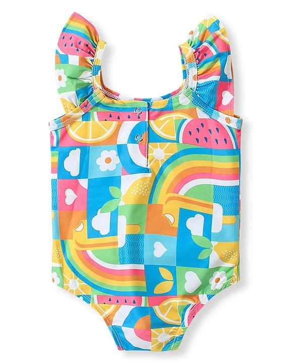 Babyhug Flutter Sleeves  Two Way Stretch Fabric  V Cut Swimsuit Rainbow Print - Multicolour