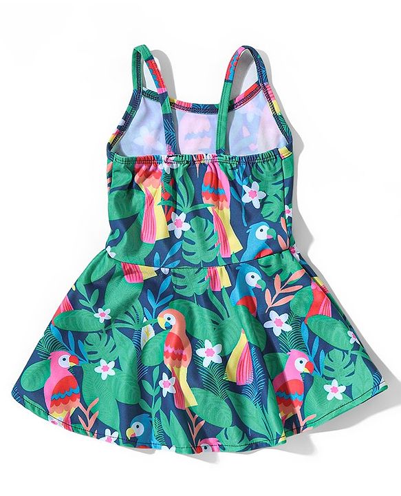 Babyhug Sleeveless Two Way Stretch Fabric   Legged Frock Swimsuit Floral Print - Green
