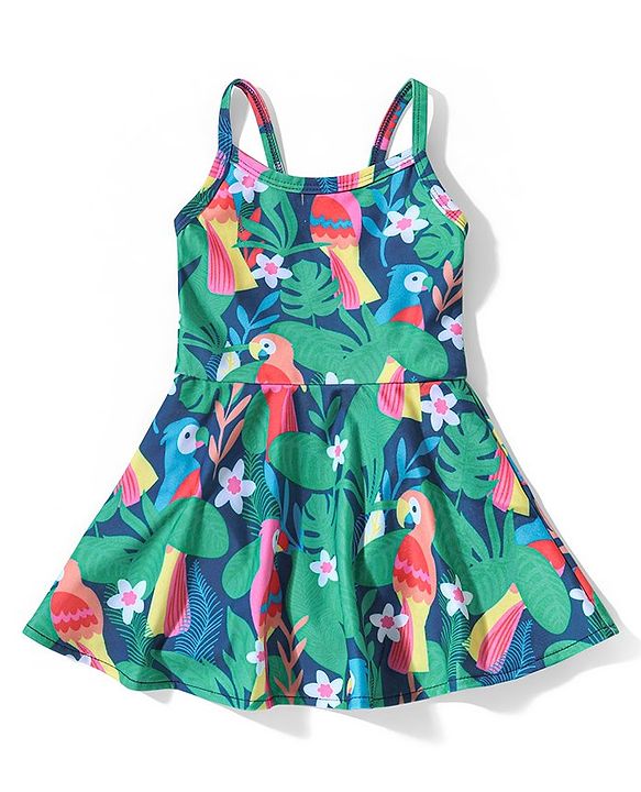 Babyhug Sleeveless Two Way Stretch Fabric   Legged Frock Swimsuit Floral Print - Green