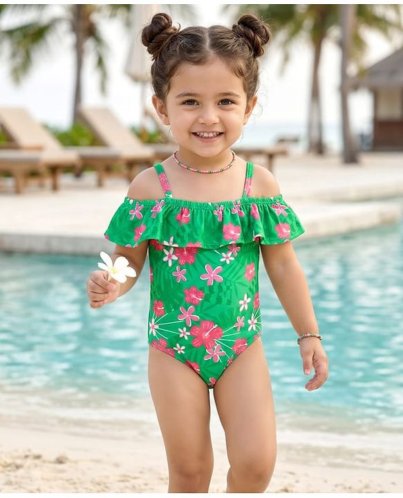Babyhug Sleeveless  Two Way Stretch Fabric  V Cut Swimsuit  Floral Print - Green