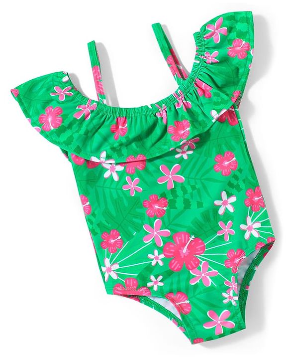Babyhug Sleeveless  Two Way Stretch Fabric  V Cut Swimsuit  Floral Print - Green