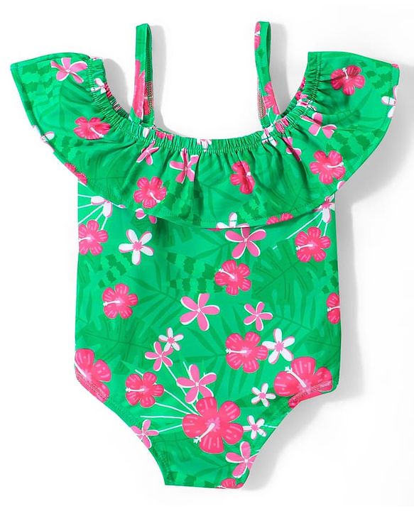 Babyhug Sleeveless  Two Way Stretch Fabric  V Cut Swimsuit  Floral Print - Green