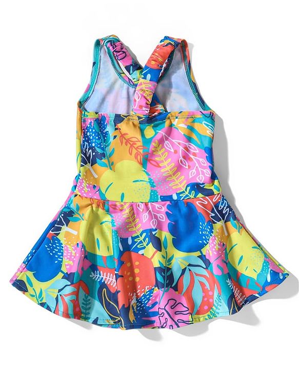 Babyhug Sleeveless Two Way Stretch Fabric Legged Frock Swimsuit Leaf Print - Multicolour