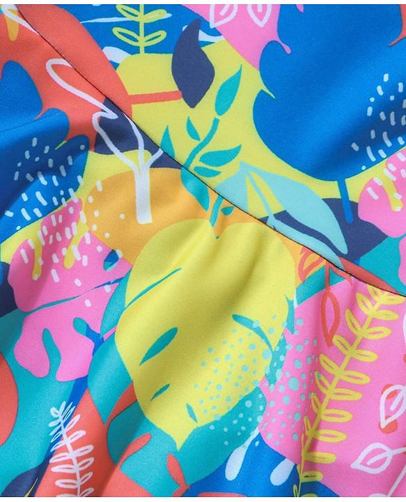 Babyhug Sleeveless Two Way Stretch Fabric Legged Frock Swimsuit Leaf Print - Multicolour