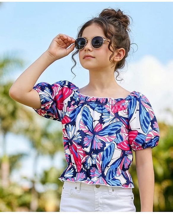 Pine Kids Cotton Half Sleeves Top Butterfly Print - Multicolor