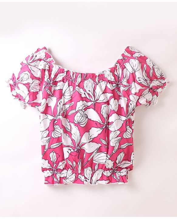 Pine Kids Cotton Half Sleeves Top with Tie up & Floral Print - Fuchsia