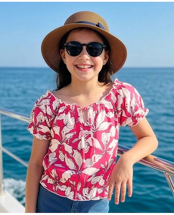 Pine Kids Cotton Half Sleeves Top with Tie up & Floral Print - Fuchsia