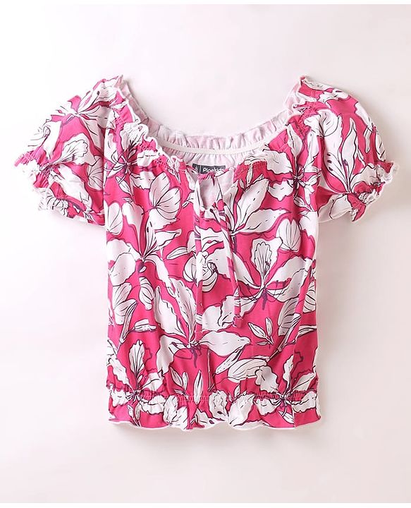 Pine Kids Cotton Half Sleeves Top with Tie up & Floral Print - Fuchsia