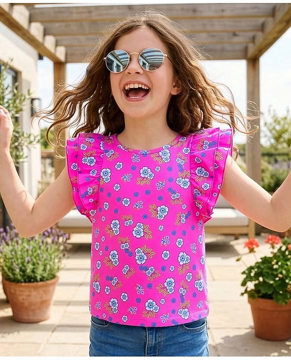 Pine Kids Cotton Frilled Sleeves Top Floral Print - Pink