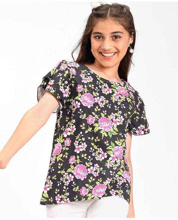 Pine Kids Cotton Knit with Frill Sleeves  Top with Floral Print - Black