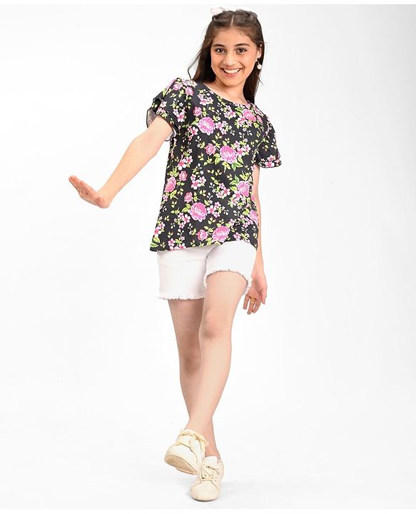 Pine Kids Cotton Knit with Frill Sleeves  Top with Floral Print - Black