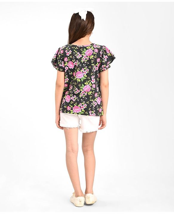 Pine Kids Cotton Knit with Frill Sleeves  Top with Floral Print - Black