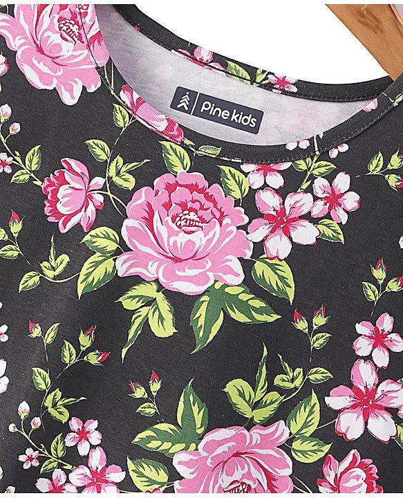 Pine Kids Cotton Knit with Frill Sleeves  Top with Floral Print - Black