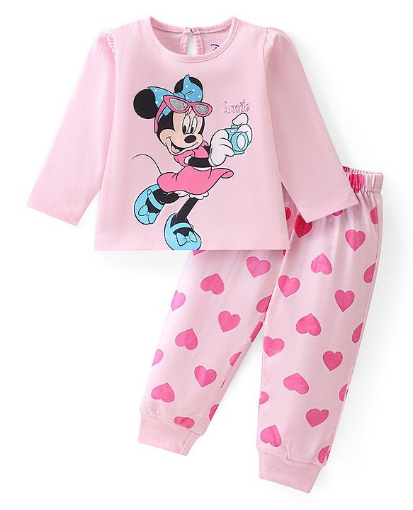 Babyhug Disney Cotton Knit Single Jersey Full Sleeve Night Suit With Minnie Mouse Graphics - Pink