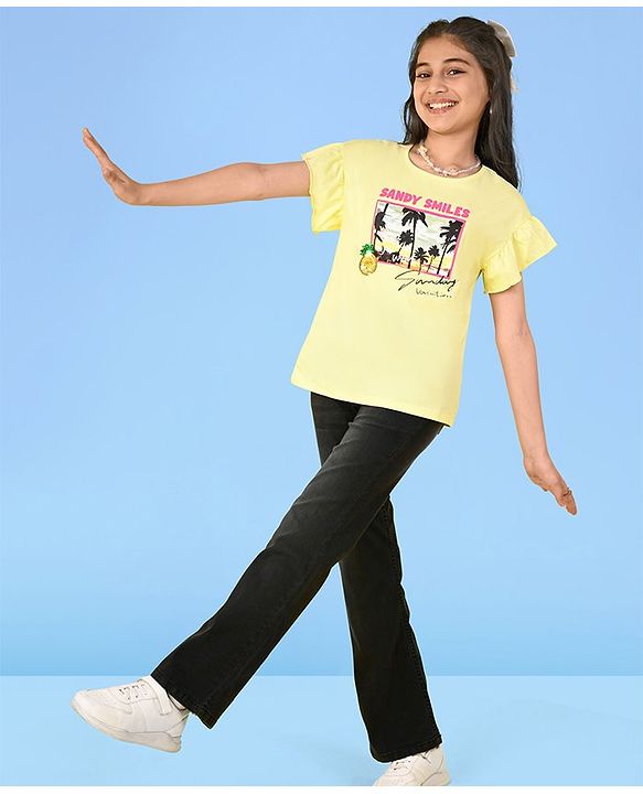 Pine Kids Cotton Half Flutter Sleeves T-Shirt Beach Print - Limelight