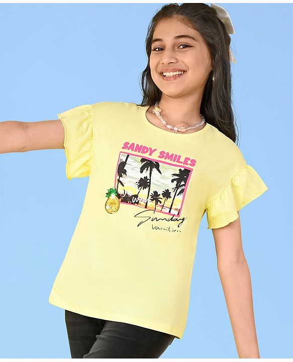 Pine Kids Cotton Half Flutter Sleeves T-Shirt Beach Print - Limelight