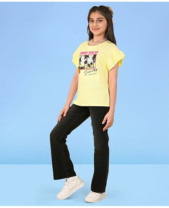 Pine Kids Cotton Half Flutter Sleeves T-Shirt Beach Print - Limelight