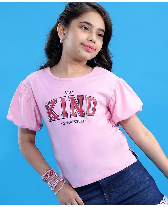 Pine Kids Cotton Half Sleeves Glitter Text Printed Top - Pink Frosting