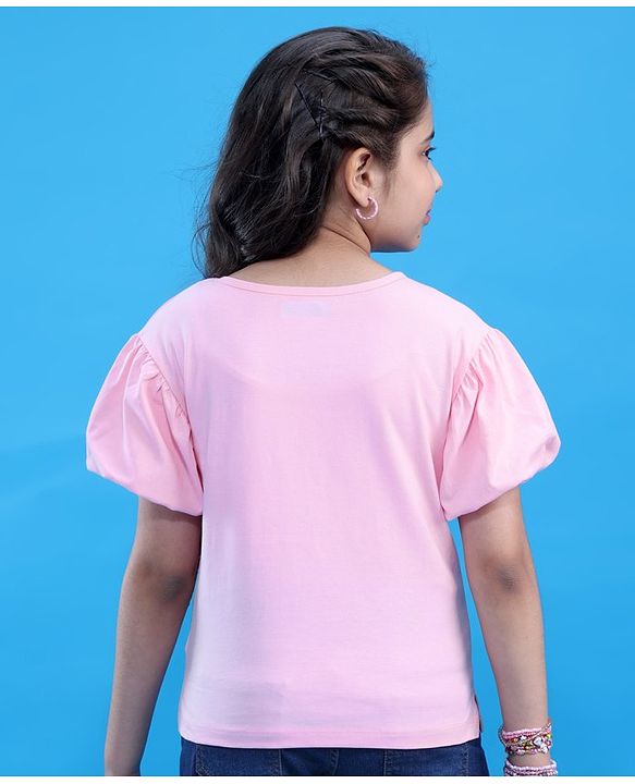 Pine Kids Cotton Half Sleeves Glitter Text Printed Top - Pink Frosting