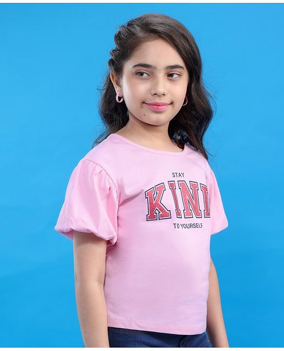 Pine Kids Cotton Half Sleeves Glitter Text Printed Top - Pink Frosting